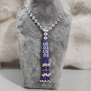 Native American Handcrafted Beaded Necklace - Red, Blue, White